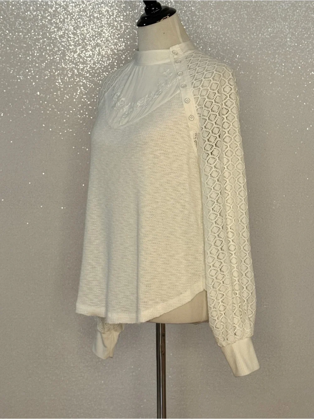 Free People Sweetest Thing Thermal Top Ivory Lace Sleeve Boho Cottagecore